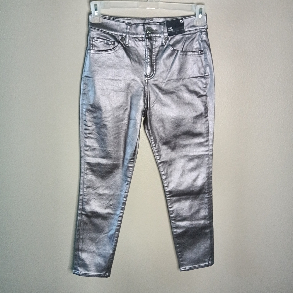 🦋 Express Skinny High Rise Metallic Jeans Silver Ankle Stretch Pockets  4S NWT